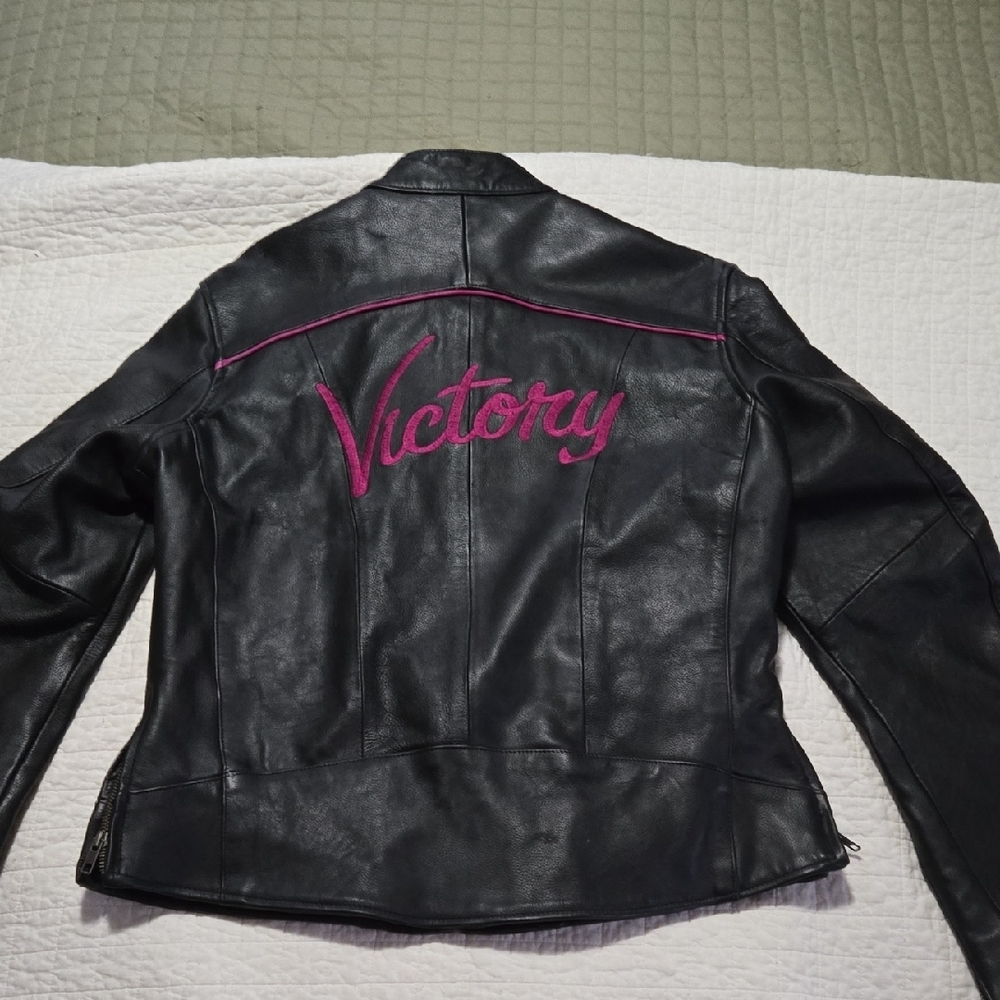Victory Black Leather Jacket with Pink Detail Womens Medium Moto Biker Goth Bro